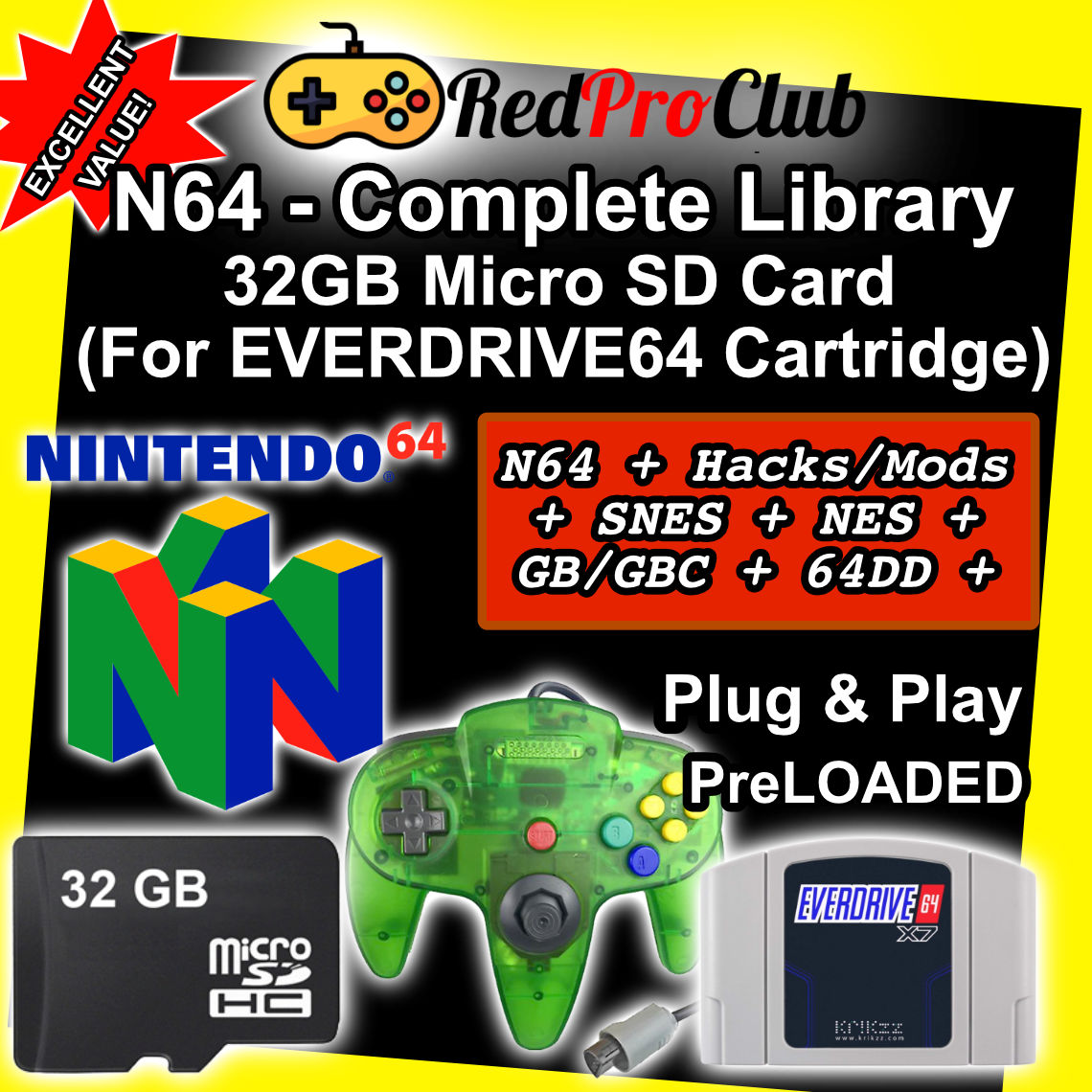 32gb PreLoaded Micro SD Memory Card for EverDrive X7, x5, 2.0+ (Complete N64 Collection + 2000+ Games) - Snes, Nes, GB & GBC