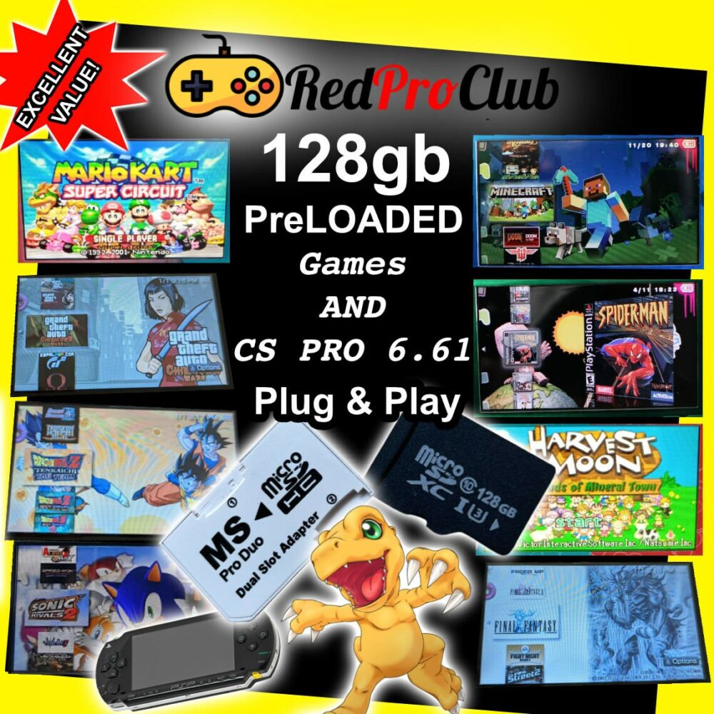 128gb PreLoaded Memory Card for Sony PSP 1000 2000 3000 - WorldWide Shipping - Homebrew Plug & Play GBA Gbc Snes Emulators -Unlocker Kit
